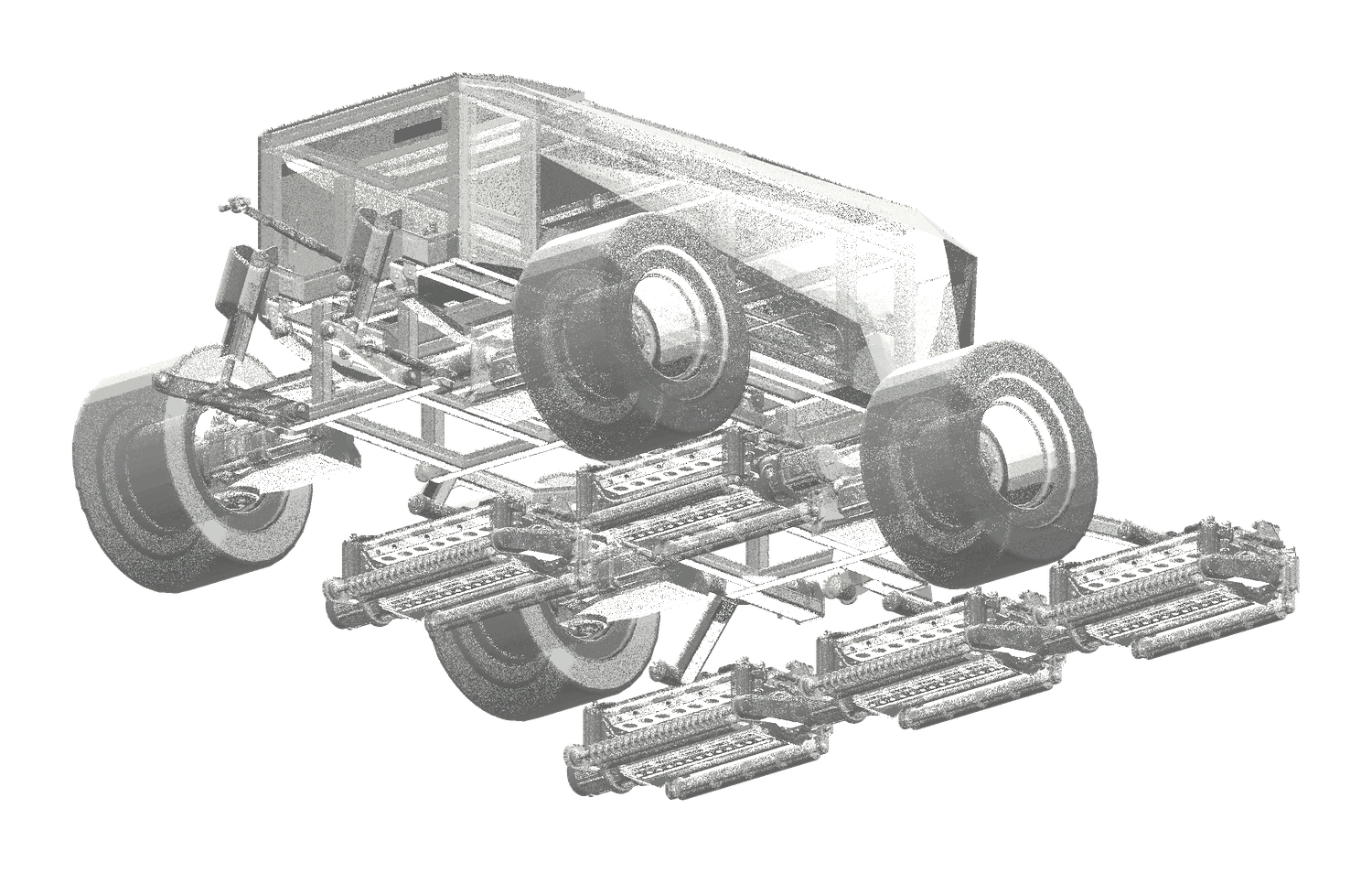Texaroba Unit 01 — front-left isometric view of the reel-gang platform, final design geometry