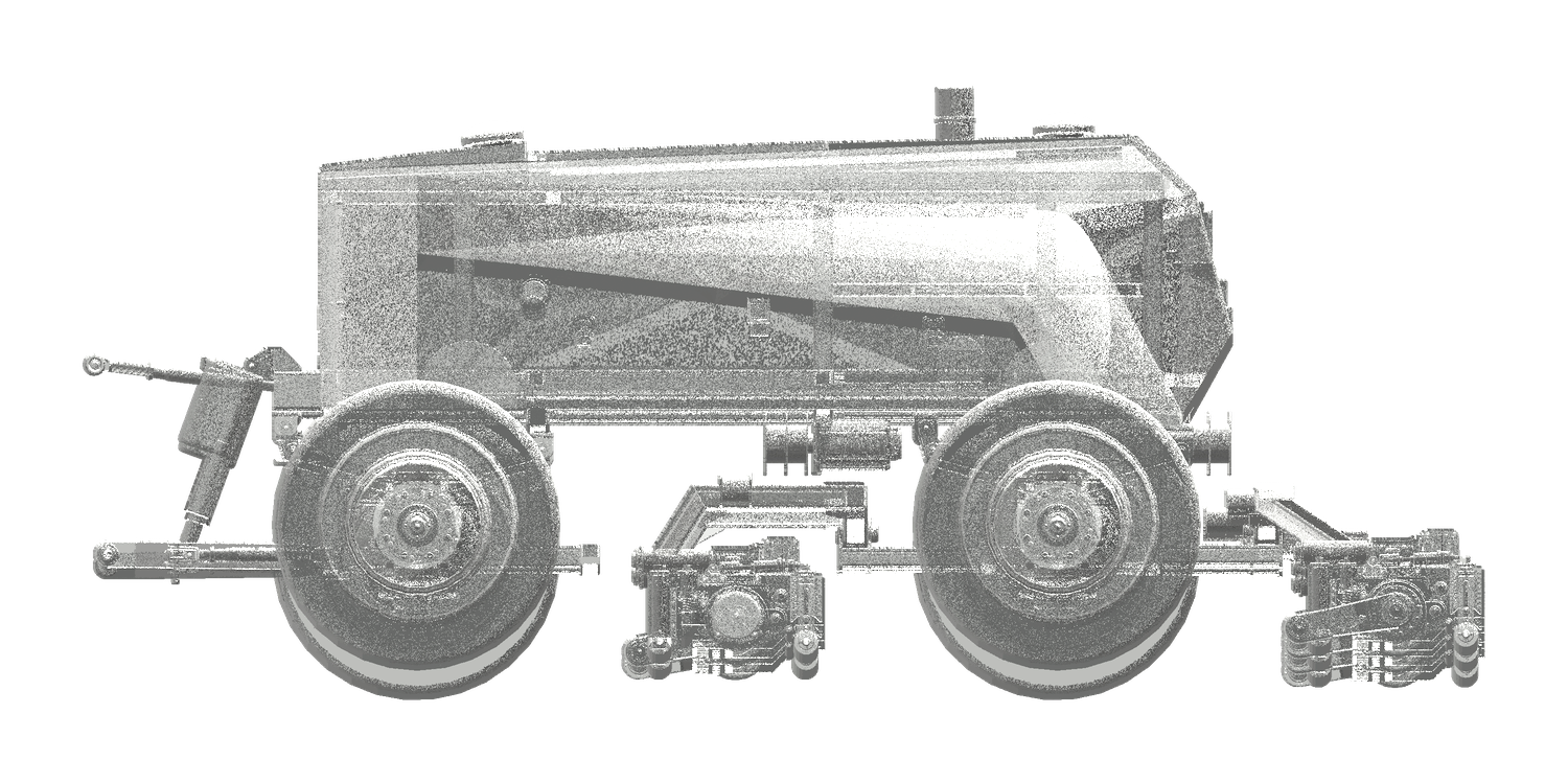 Texaroba Unit 01 side view showing chassis, flotation tires and front reel cutting gang